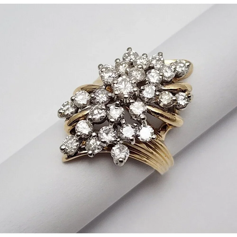 Unique 14K Karat Solid Yellow Gold Designer Round Diamond Cluster Ring - Size 6